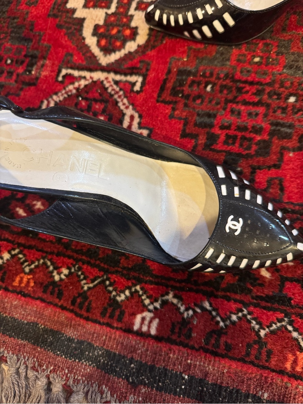 CHANEL Black & White Logo Slingback Heels 36.5 - Picture 6 of 7